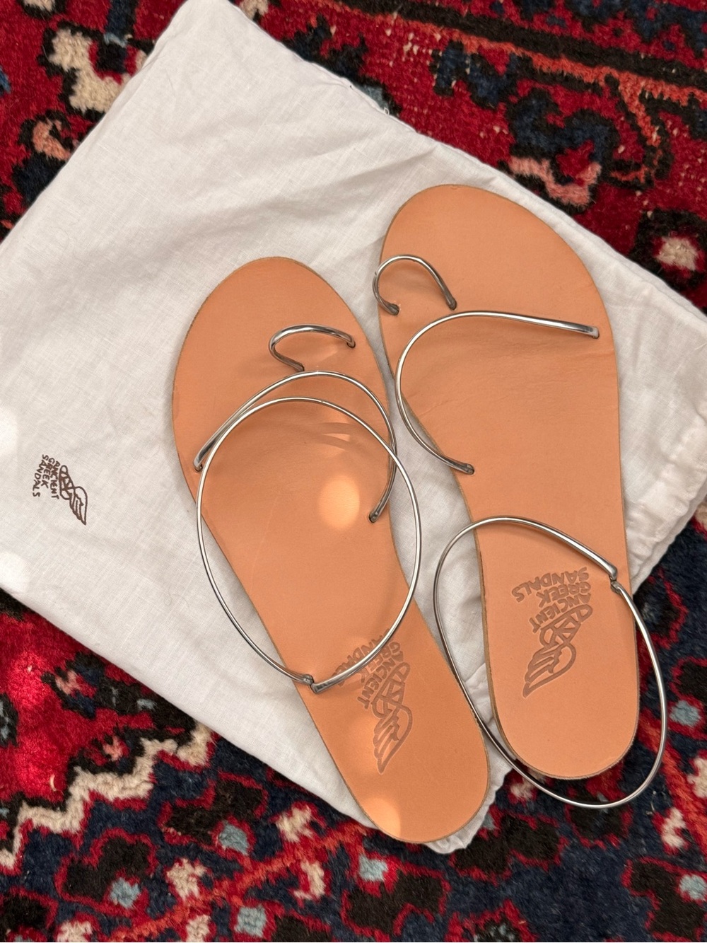 Ancient Greek Sandals Tan Leather Slides with Silver Metallic Straps